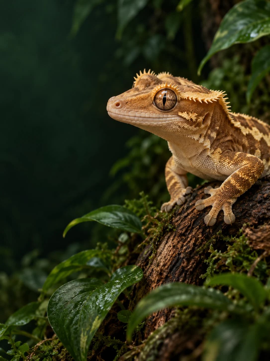 Crested gecko on a branch in a green terrarium